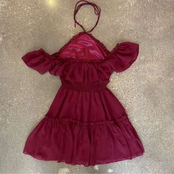 Two Sisters The Label Halter Burgundy Chiffon Off the Shoulder Dress - Size 6 - Picture 7 of 10
